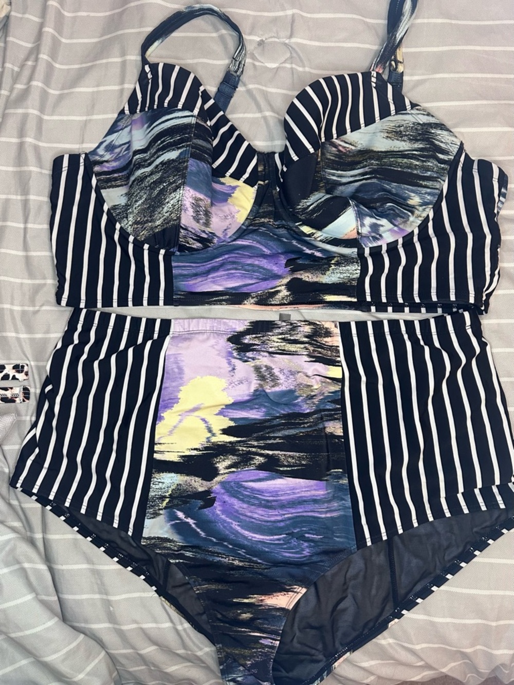 torrid Navy Striped High-Waist One-Piece with Multicolor Abstract Panels